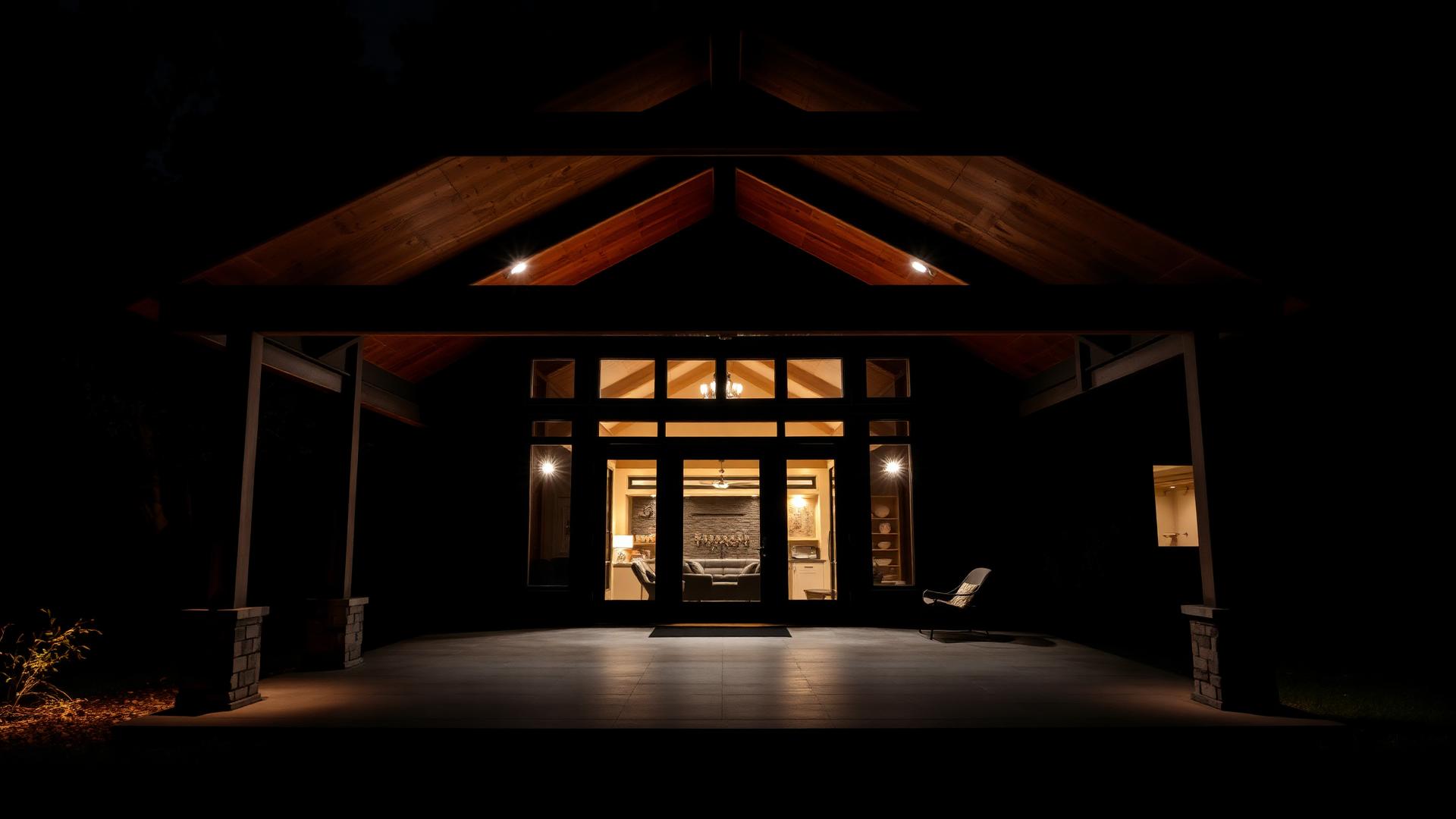 Modern covered patio at night